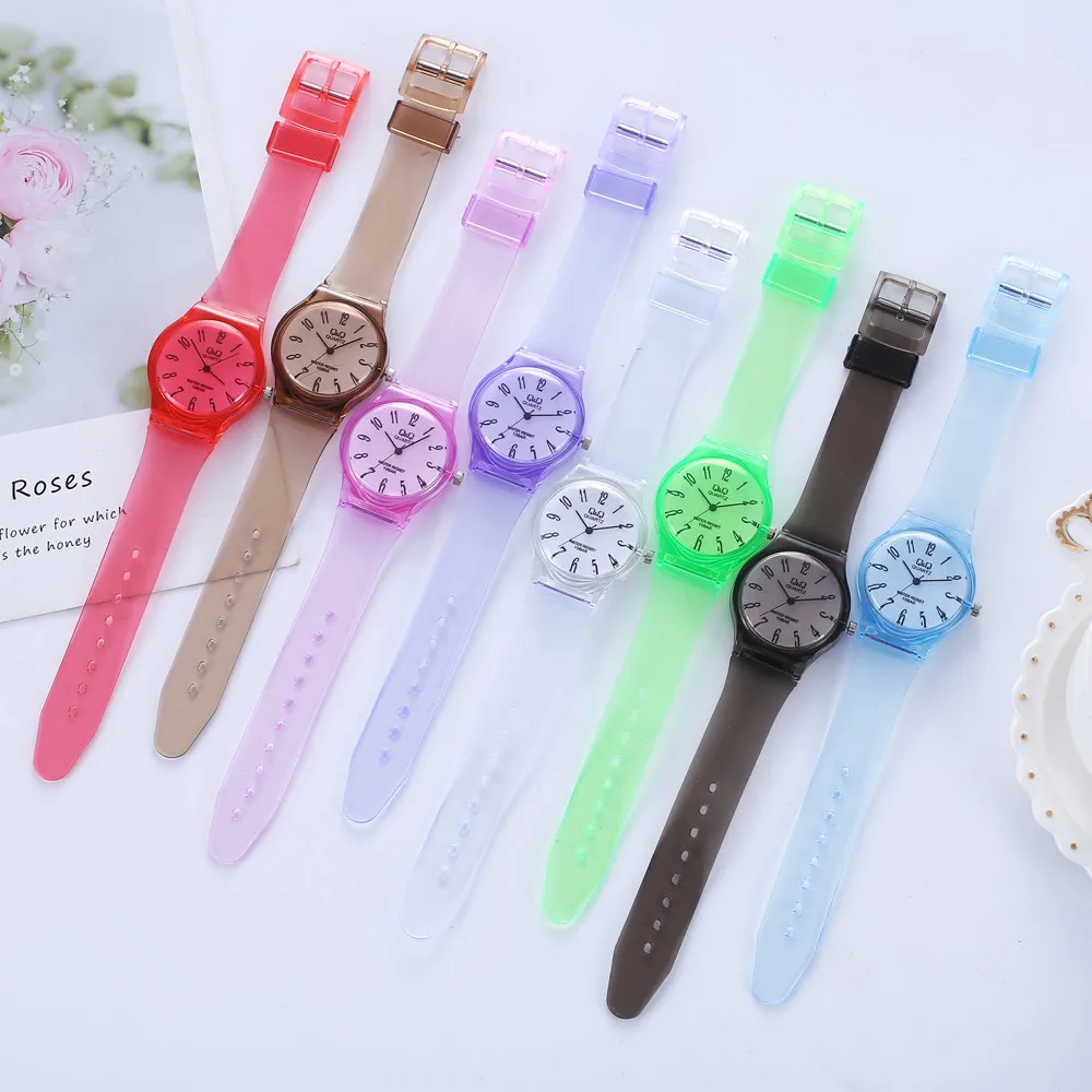 Прозрачные часы QQ студенческие Harajuku чистого цвета деликатная переноска relojes para
