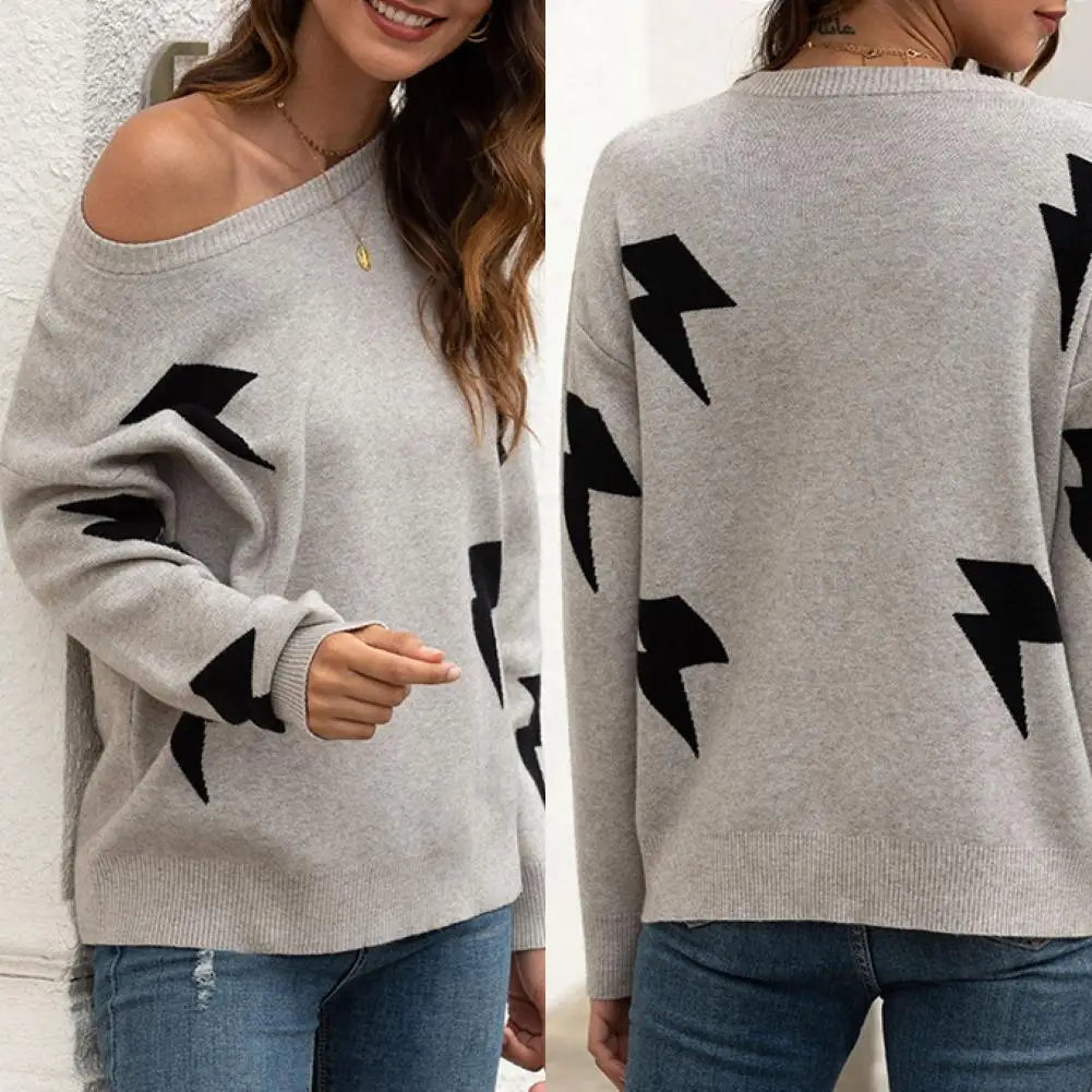 

Fashion Women Long Sleeve Round Neck Printing Knitted Sweater Warm