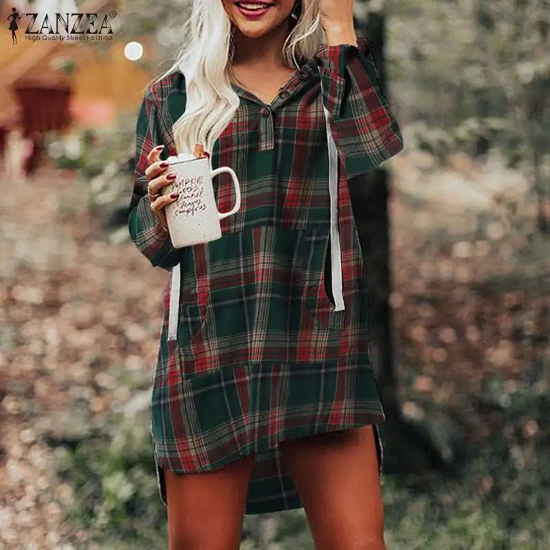 

ZANZEA Women Hoodies Blouse Vintage Long Sleeve Tops Autumn Casual Loose Shirt Oversized Blusas Hooded Plaid Checked Pullover