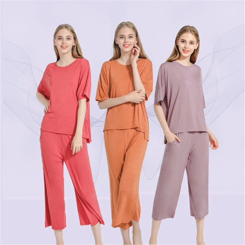 

Two-piece Pajamas Female 2022 New Summer Modal Home Clothes Loose Luxury Brand Short Sleeve Trousers Sexy Pajamas Badjas Dames