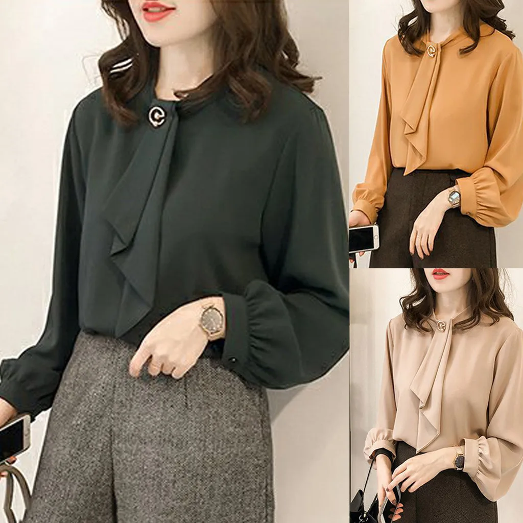 Однотонная женская блузка весенние повседневные топы с длинным рукавом