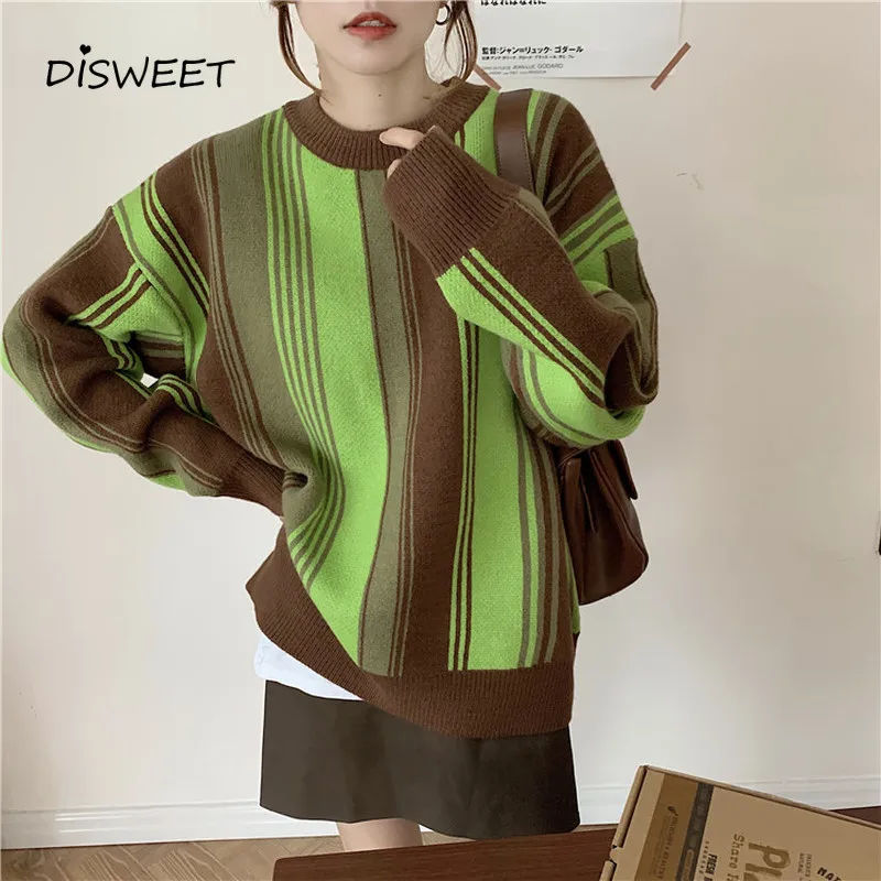 

Женский вязаный свитер в полоску, Свободный пуловер с длинным рукавом и круглым вырезом, простой теплый облегающий свитер в Корейском стиле...