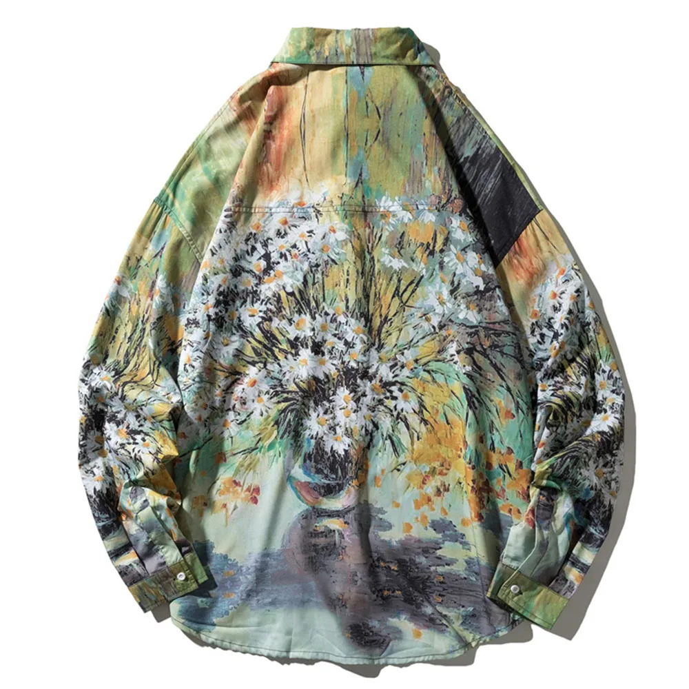 Men Summer Shirt Beach Style Green Leaves Printed Hawaiian Shirts Casual Long Sleeve Turn Down Collar Tops Camisa Homme MCL311