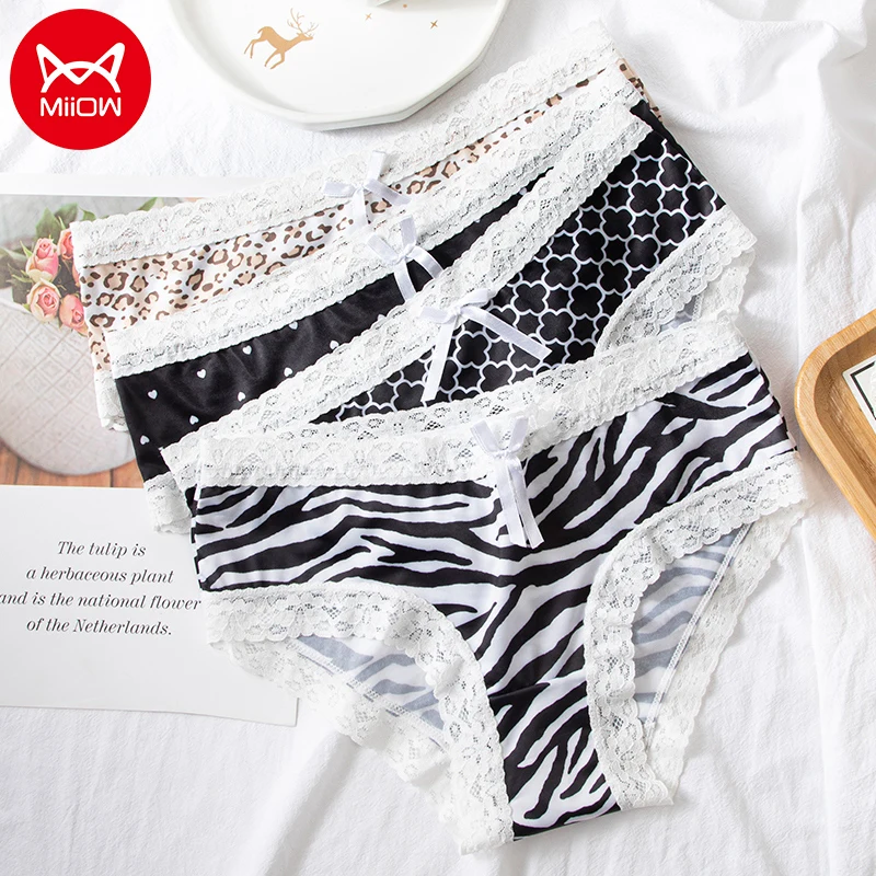 

MiiOW 3Pcs Women Leopard Lace Panties LadyLow Waist Sexy Briefs High Elastic Hollow Seductive Female Underwear Cotton Lnner Gear