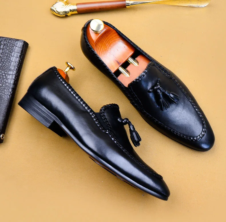 Slip On Men Brogues Formal Shoes Tassel Loafers Male Genuine Leather Black Luxury Brand Flat Comfortable Dress | Обувь
