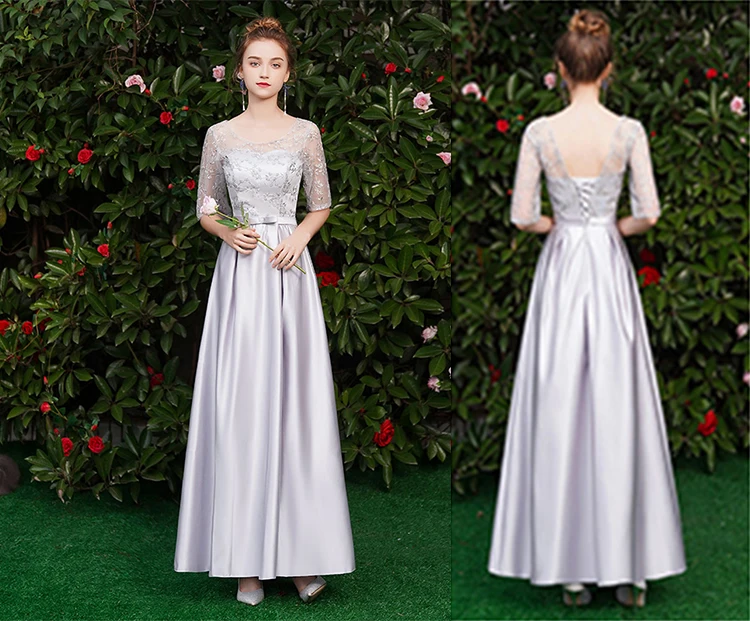 Серое подростковое элегантное платье подружки невесты с круглым вырезом на