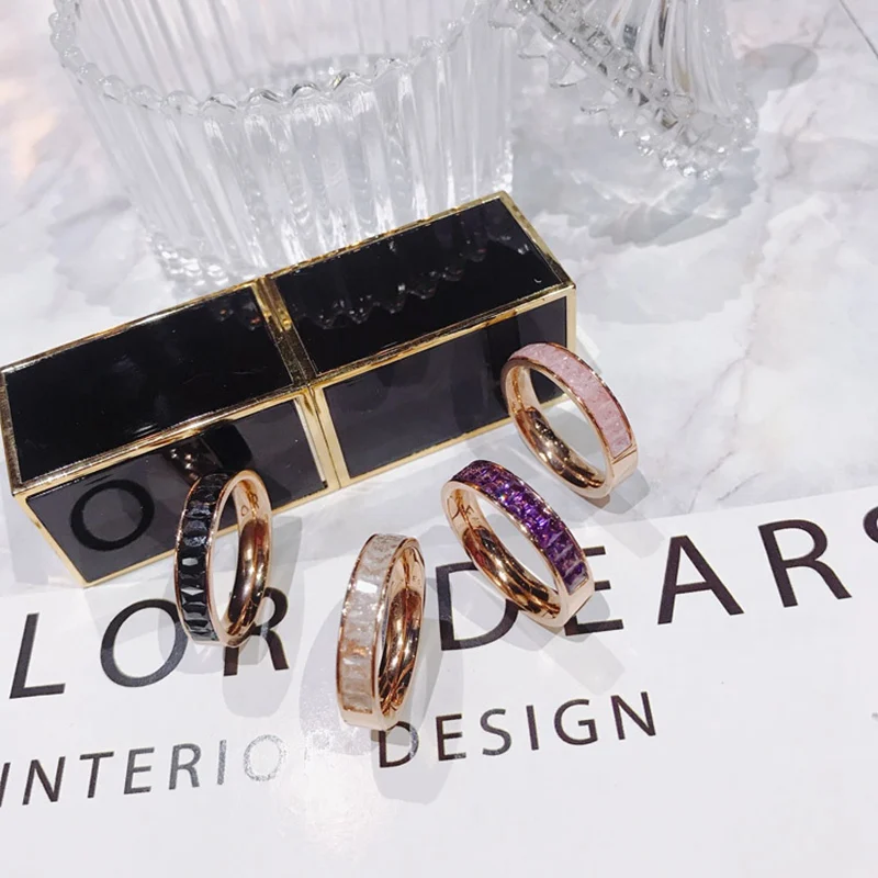 Stackable Row Drill кольцо на палец с цирконием Розовый кристаллический камень из