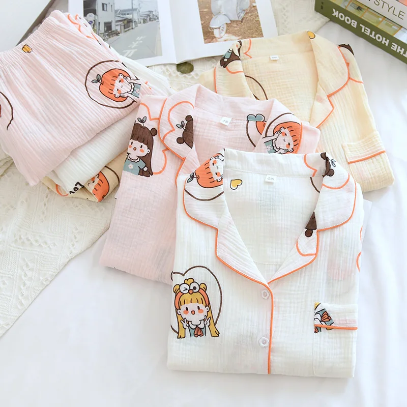 

Woman Pajama Set Crepe Cotton Cartoon Lapel Sleepwear Suit Cute Girl Print Homewear Cardigan Nightwear Spring Summer Two Piece