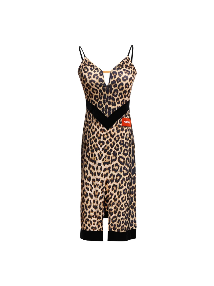 

2020 Latin Dance Dress Women Leopard Print Condole Belt Tango Rumba Performance Fringe Dresses Ballroom Practice Wear DWY4130