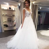 myyble 2021 cheap white a line lace appliques wedding dresses v neck tulle wedding gowns bride dress robe de soiree