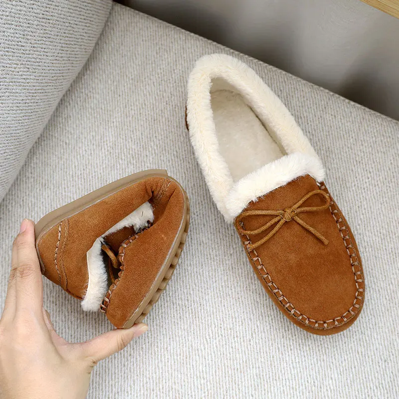 

Women's Winter Warm Moccasins Female Oxford Soft Flat Round Toe Plush Bow Sewing Slip On 2021 New Design Vintage Comfort Shoes