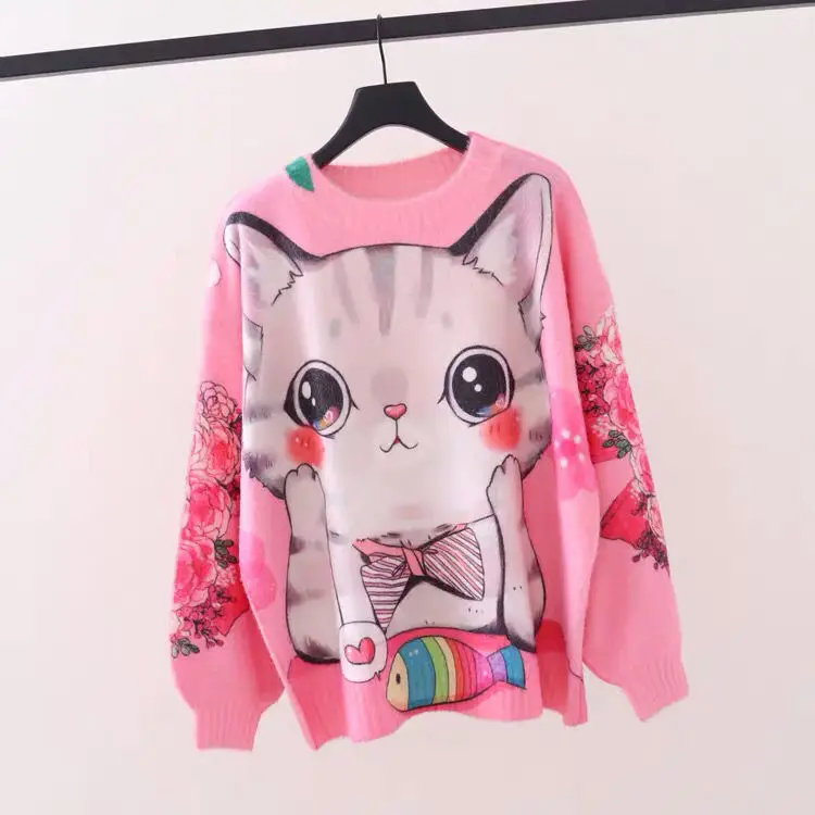 

Cat's colorful T-shirt autumn and winter 2021 new Korean loose and lazy Pullover