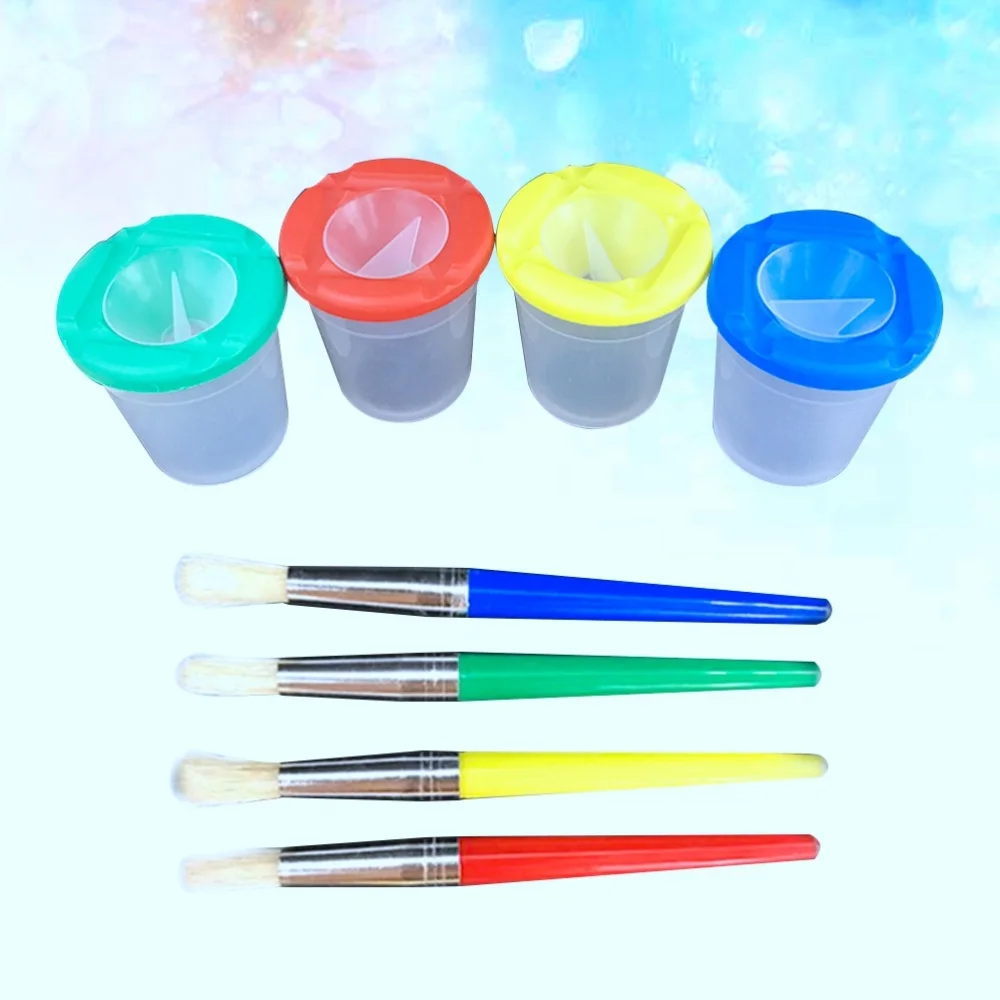 

4Pcs Spill Proof Paint Cups and 4 Pcs Assorted Colored Brushes Set for Children Beginners