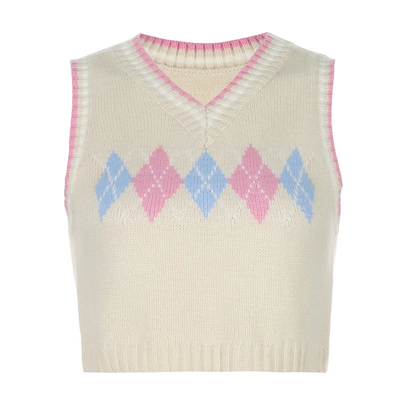 

SeeBeautiful Plaid Vintage Knitted Vests V-neck Sleeveless Contrast Color New Fashion Spring 2021 Women M391