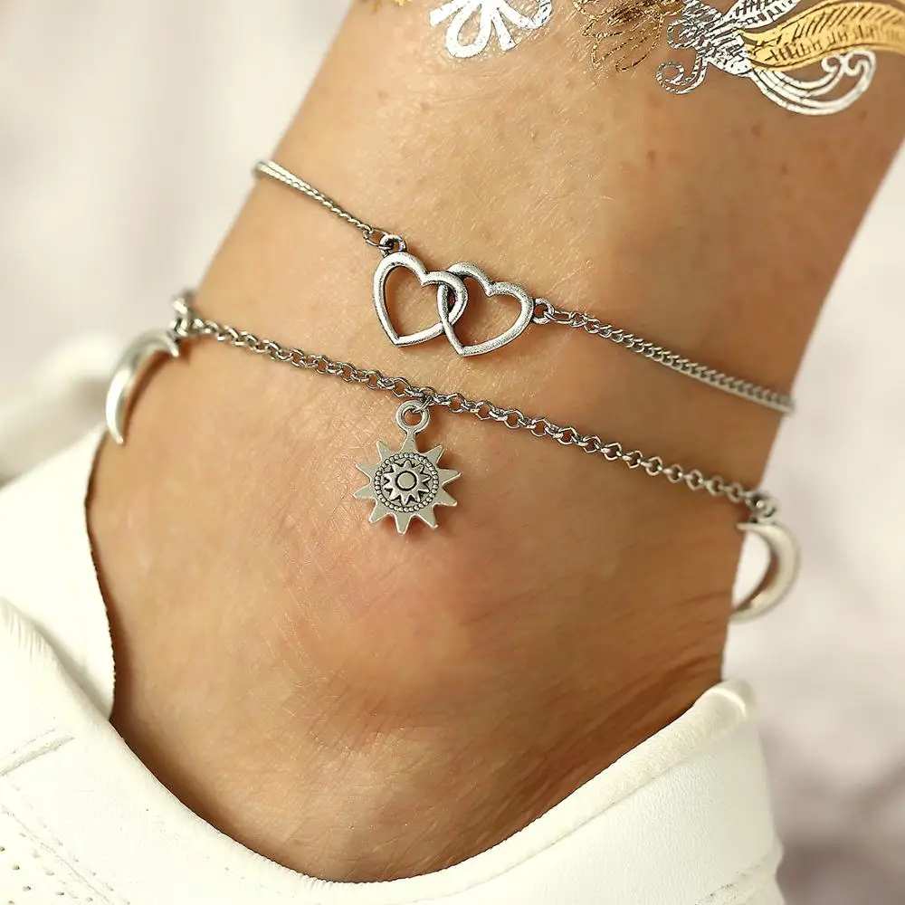 

2 pcs Vintage Antique Silver Color Sun Heart Foot Jewelry Summer Beach Barefoot Anklets Female Boho Chains Anklet Accessories