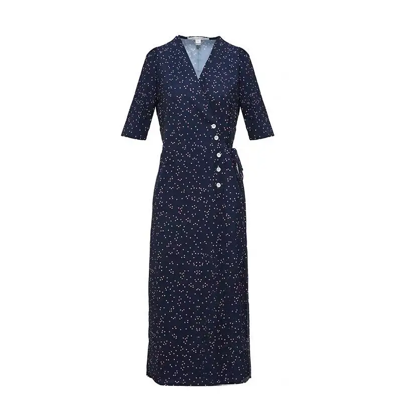 

New French Wrap Dress V-neck Lace Up Slim Printed Chiffon Short Sleeve Dress For Women 2021