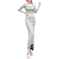 perhaps women causal sexy two piece set o neck pleated short blouse tops high waist bodycon long trumpet mermaid skirt set t3070