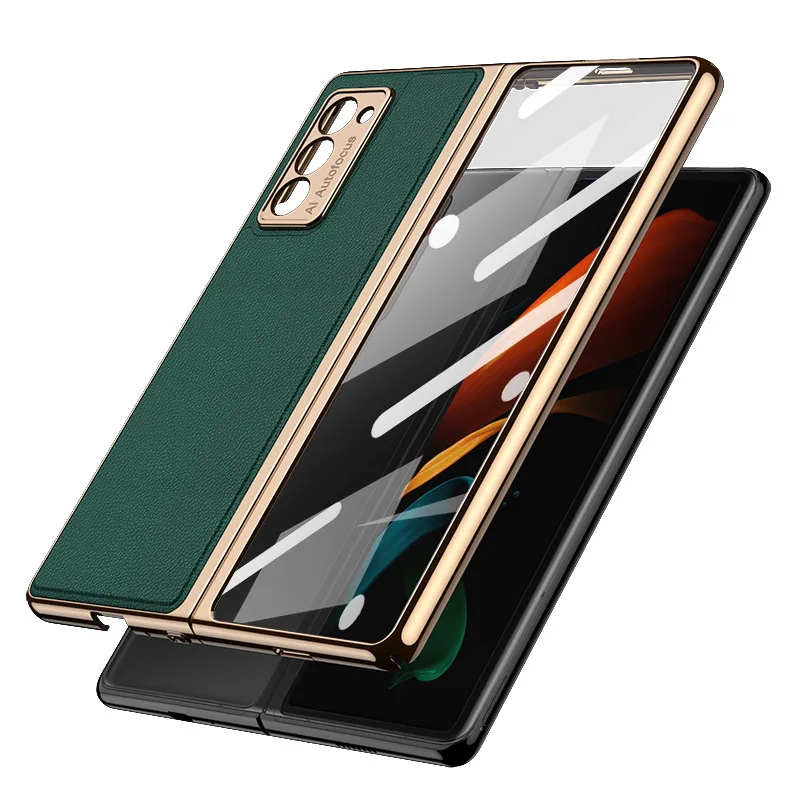 for samsung galaxy z fold 2 5g leather plating edge glass hard cover for galaxy z fold 2 w21 double side full protection case free global shipping