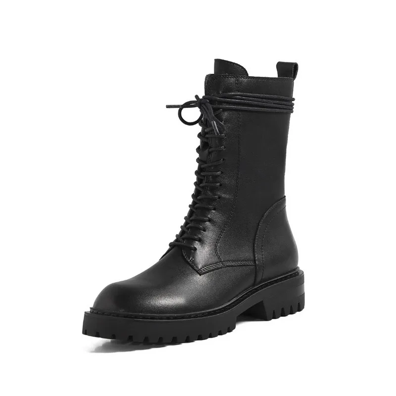 

Dilalula Retro Motorcycle Boots Winter Side Zipper Round Toe Shoes Woman Genuine Leather Platform Chunky Heels Knee High Boots