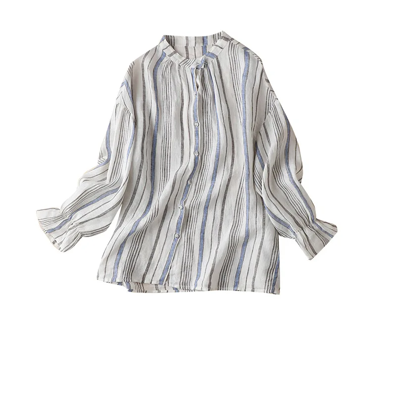 

SHUCHAN 2021 Spring Thin Linen Striped Women's Long Sleeve Tops Casual Button Up Shirt Bluzki Letnie Damskie