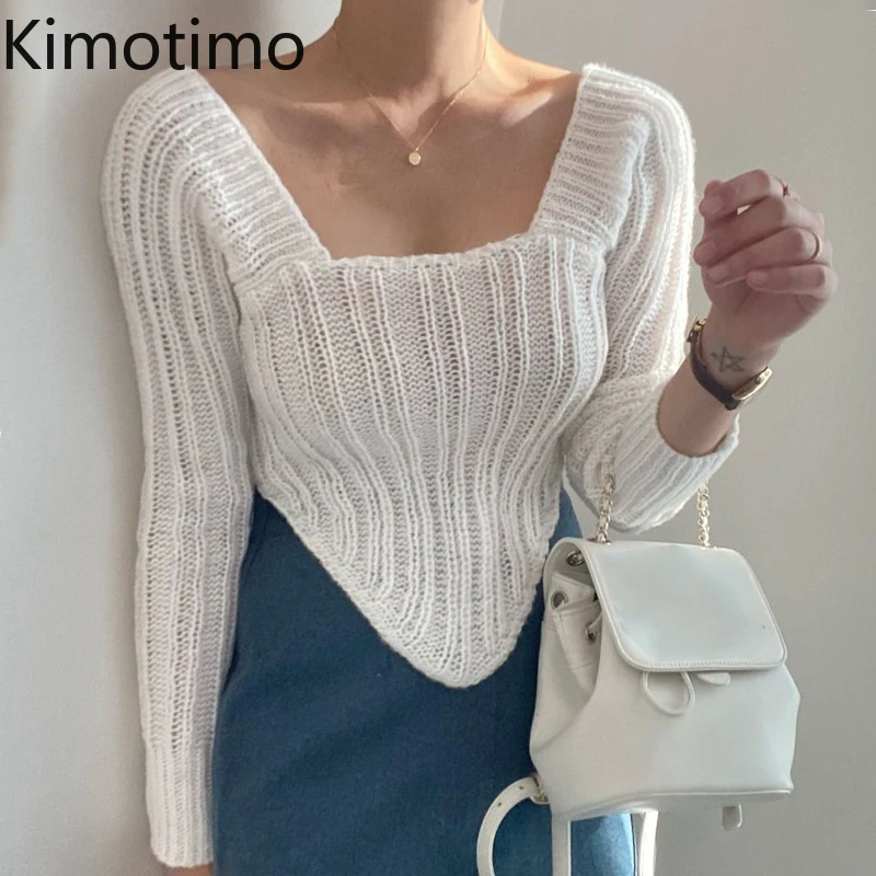 

Зимний свитер Kimotimo, женский корейский шикарный темпераментный Асимметричный пуловер с квадратным воротником и длинным рукавом, однотонные...