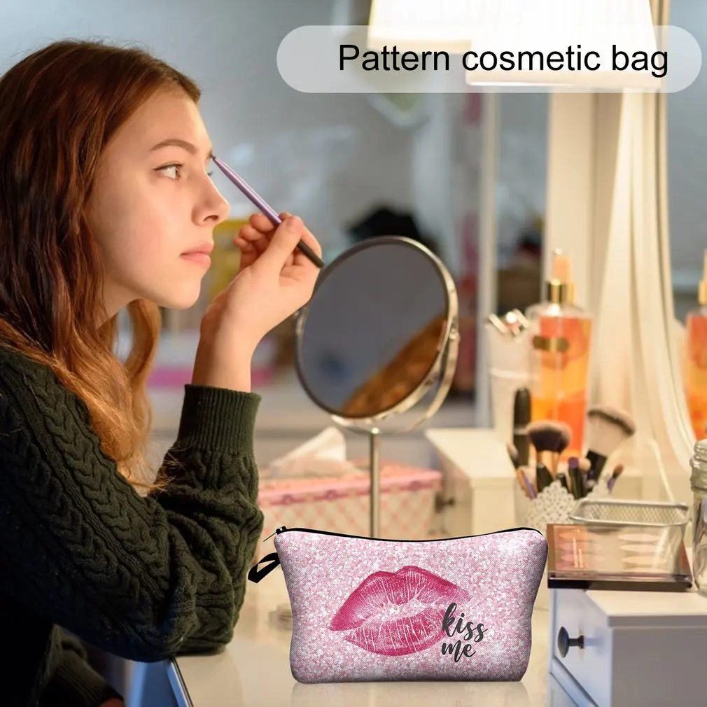 

Washable Lip Pattern Large Capacity Cosmetic Bag Travel Bag With Zipper Durable Polyester Material For Female Makeup Accessories