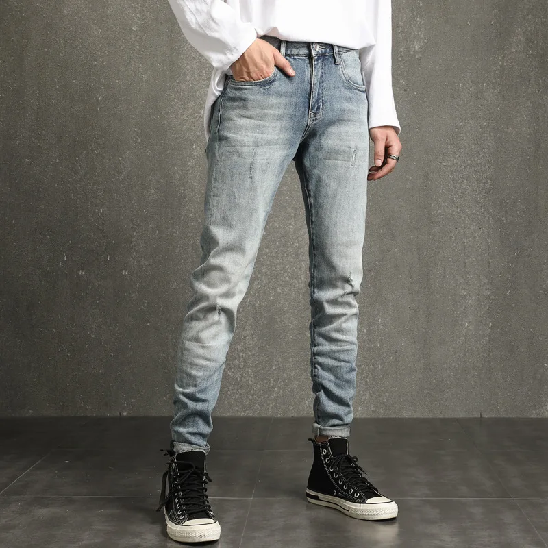 High Street Pop Men Hole Jeans Vogue Casual Skinny Denim Pencil Pants Hip Hop Retro High Quality Slim Men Trousers