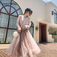 high quality 2021 fall women v neck long sleeve loose knitted sweater elastic waist gauze skirt 2 pieces ladies skirt suits