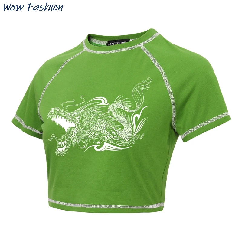 

Women Streetwear Chinese Style Dragon Printed Black/Avocado Green O Neck Raglan Sleeves White Striped Crop Top Sexy T-shirt