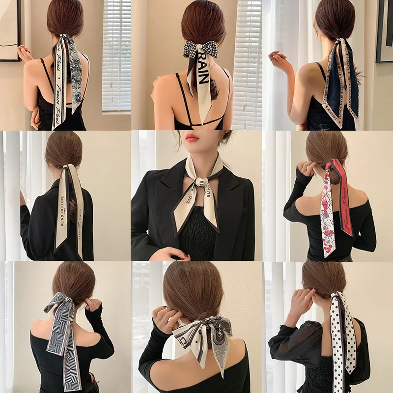 

2021hot Headband Multicolor Printed Silk Scarf Hair Bands Female Hair Binding Accessories Head Rope French Ribbon Bow Headdress