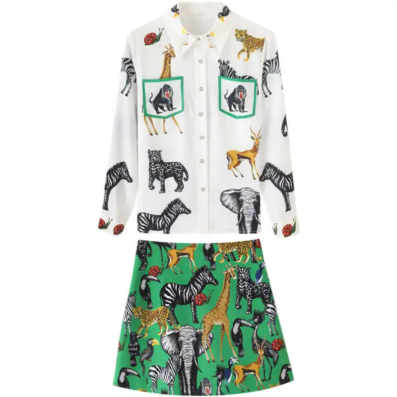 

DEAT 2021 New Women Fashion Slim Suit Lapel Short Sleeve Patchwork Printing Shirt And High Waist Skirt Summer Autumn 7E9010