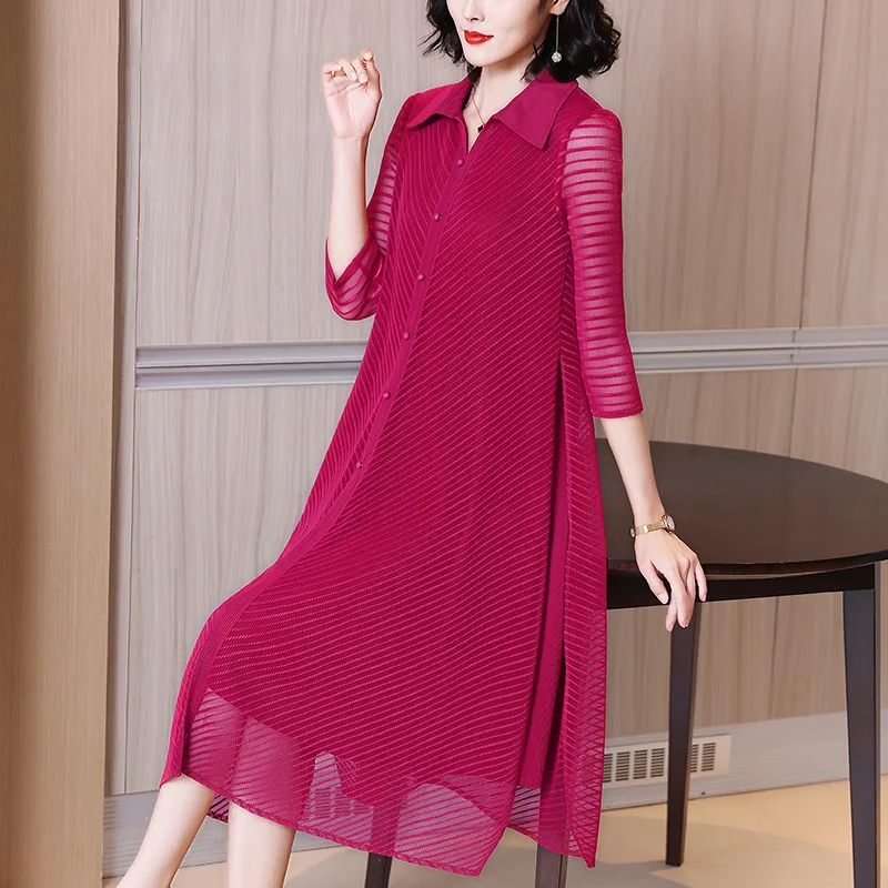 

Plus Size Mesh Dress Women 2021 Spring Solid Colour Miyake Pleated Elastic Loose Turndown collar Dress For Women 45-75kg