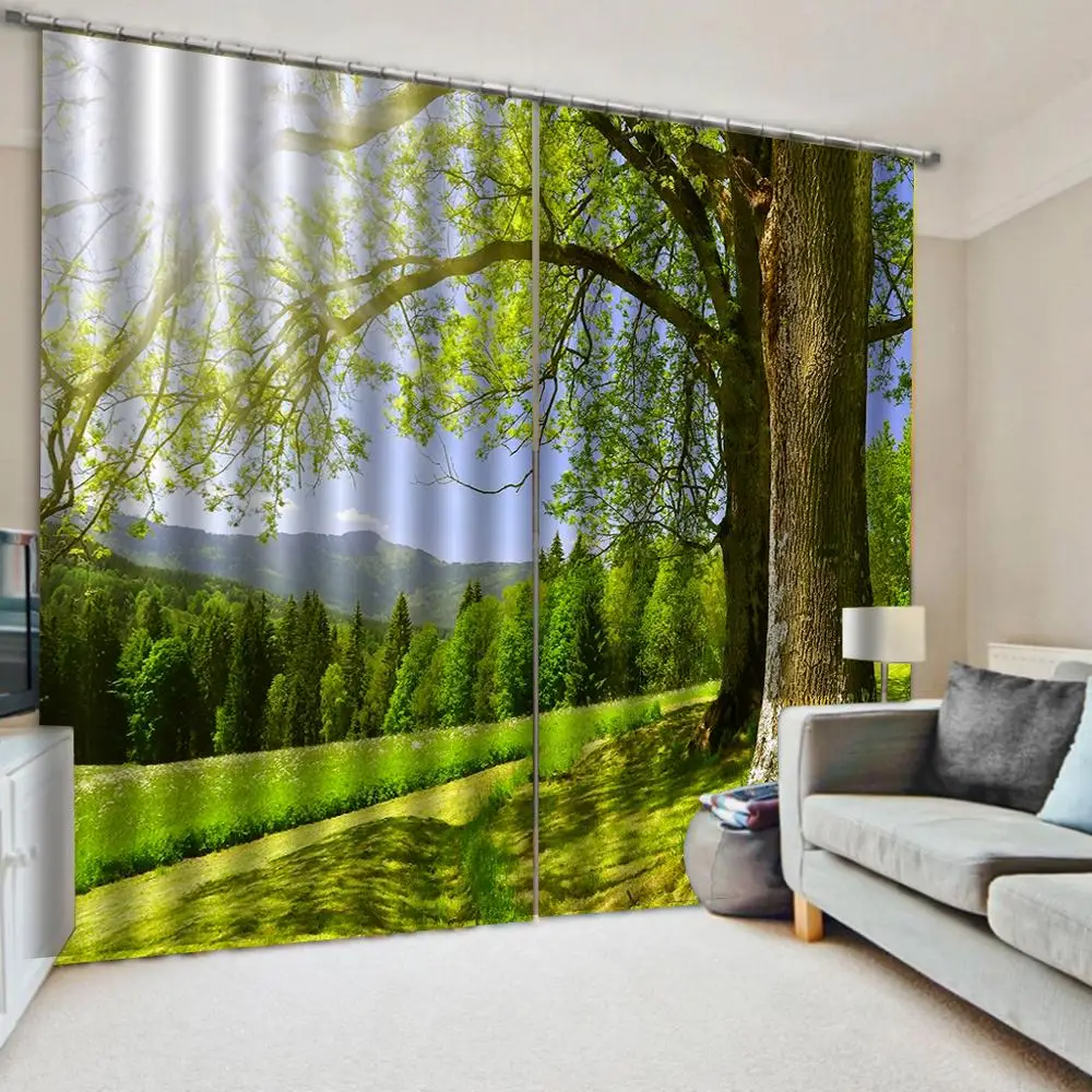 

Custom green scenery forest tree curtains 3D Window Curtain Foggy forest Luxury Blackout Living Room office Bedroom