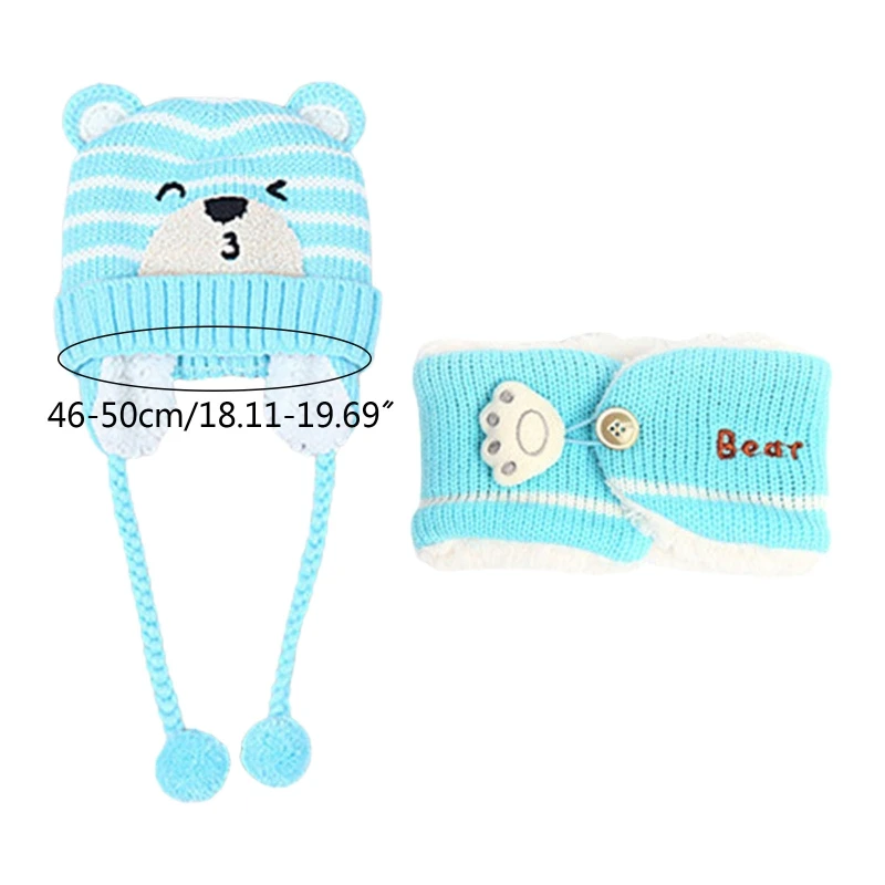 

Toddler Baby Cute Cartoon Bear Embroidered Winter Warm Knitted Hat Earflap Neckerchief Kids Ear Protection Cap Beanie