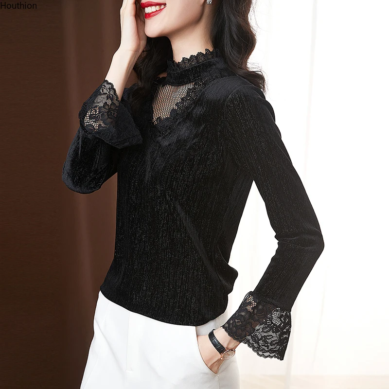 

Lace Women's Blouse Plus Size Casual Girl's Shirt New Loose Long Sleeve Top Solid Summer Fashion Lady Blusas Houthion