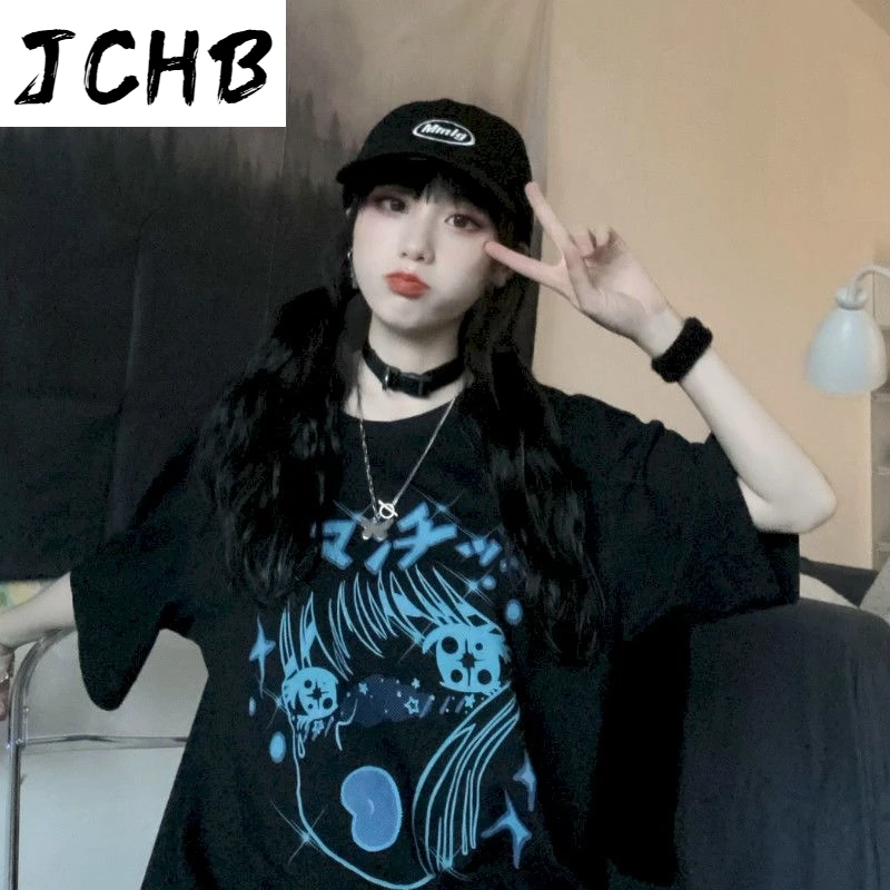 

2021 T-shirt Women Summer Korean Version of Ins Tide Dark Black Retro Cartoon Print Loose Black Short-sleeved Student Tshirt Fem