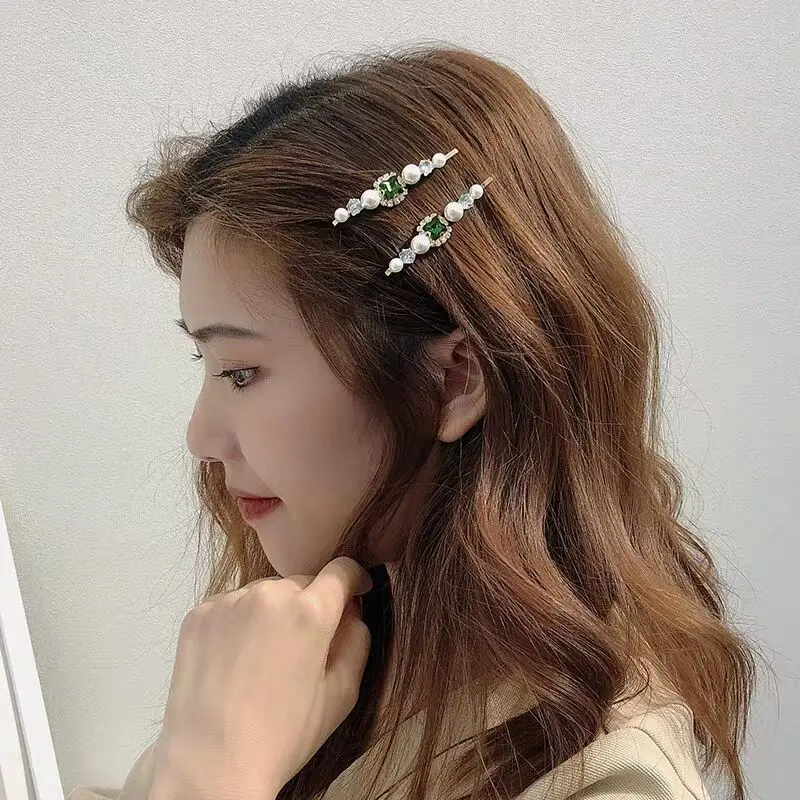 

Pearl Rhinestone Hair Clip Hair Grips Elegant Women Headdress Vintage Green Crystal Barrettes Fashion Hair Accessories Headwear