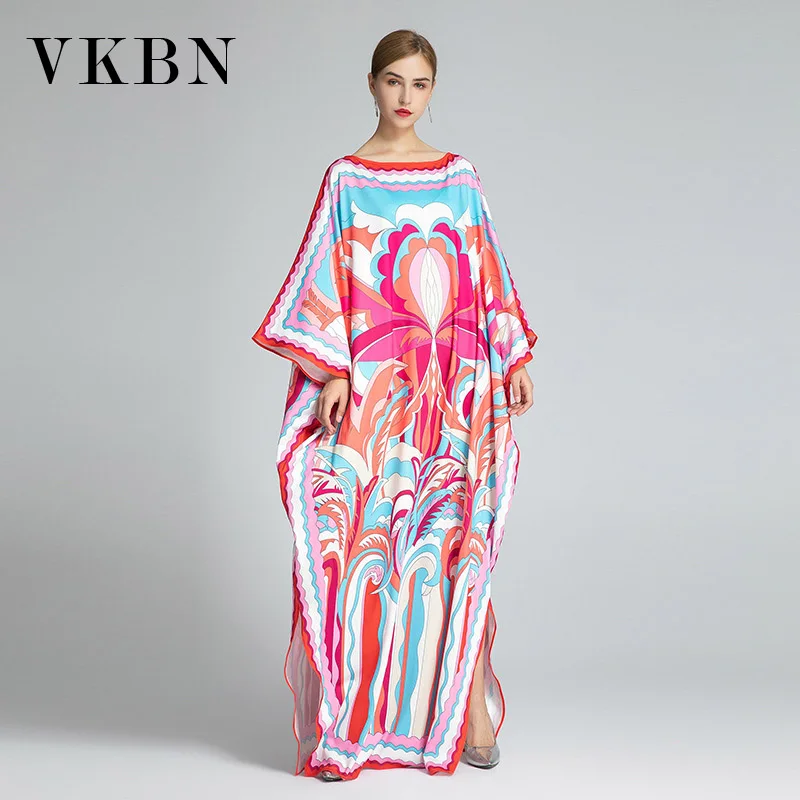 VKBN 2021 Autumn New Silk Women Dress Up O-Neck Casual Plus Size Female Dress New Loose Party Dresses Women Batwing Sleeve