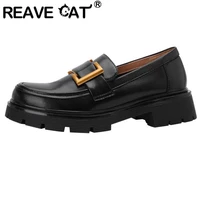 REAVE CAT Ladies Pumps Round Toe Chunky Heels Cow Leather Slip-on Loafers Size 34-40 Metal Decoration Black Brown Spring S3020
