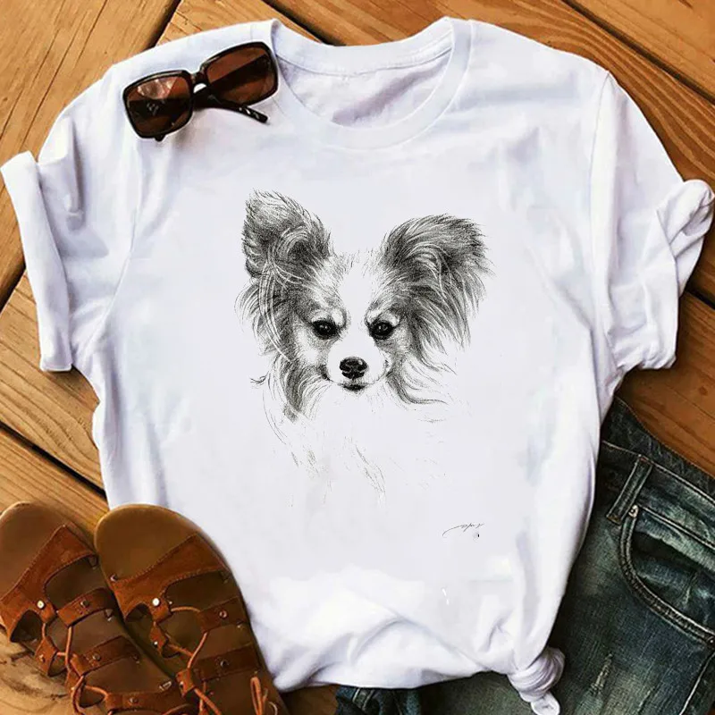 Papillon Dog Golden Retriever Mujer Camisetas White Top T Shirts Summer Aesthetics Graphic Short Sleeve t-shirt Polyester Tshirt | Женская