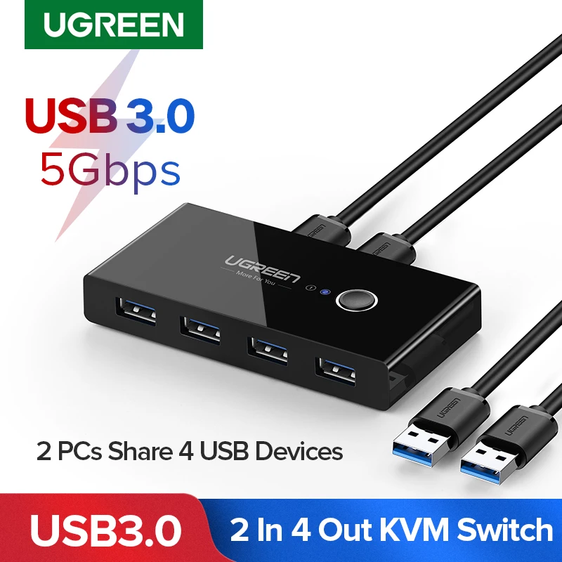 KVM-переключатель UGREEN, USB 3,0, 2,0 для ПК, ноутбука, 2 компьютера, совместное использование 4 USB-устройств, периферийный переключатель, совместное и... от AliExpress WW