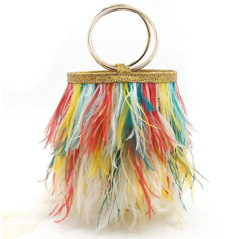 Luxury Real Ostrich Feathers bucket bag Handbag Evening Bags Women's Pink Green Diamond Clutch Party Messenger Bag For Ladies | Багаж и
