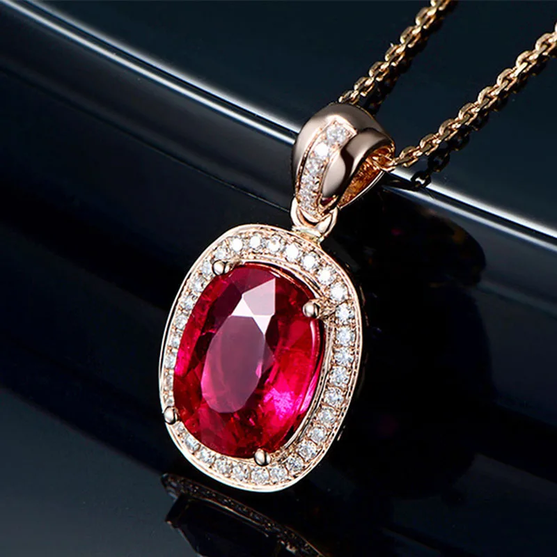 

New 925 Fashion Temperament Simulation Oval Red Tourmaline Colored Gemstone Pendant Necklace For Women Fine Jewelry Party Gift