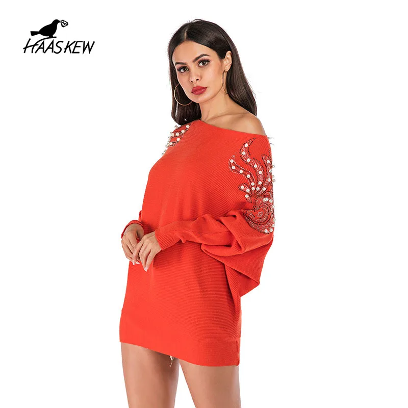 

Осенний Новый Модный женский свитер HAASKEW, вязаный свитер, однотонный, с бисером, с длинным рукавом, свободный, теплый, с одной горловиной, Пов...