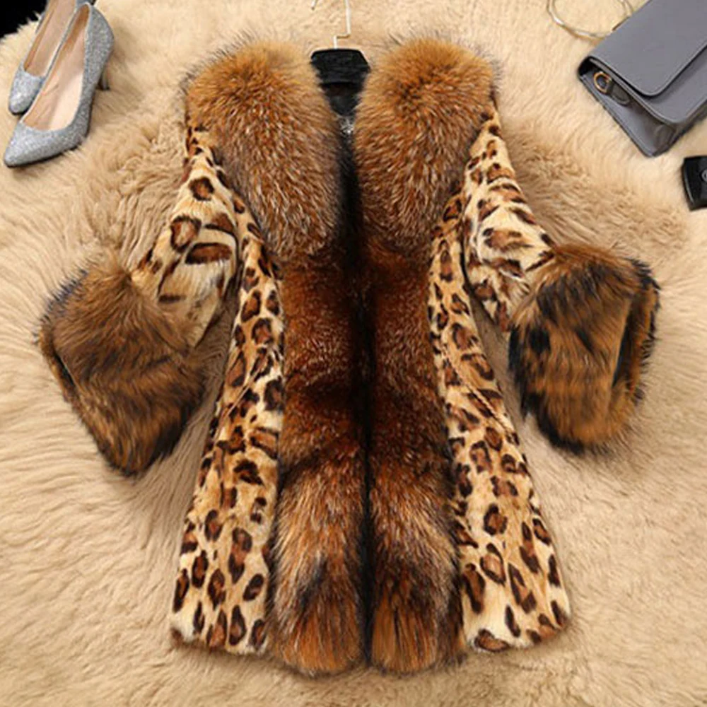 

Winter Faux Fur Womens Leopard print coat Plus Size Raccoon Dog Fur Warm Women luxury coats Women loose long sleeve Elegant coat