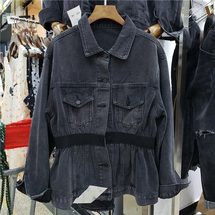 Осень 2019 уличная одежда черная туника джинсовая куртка женская верхняя