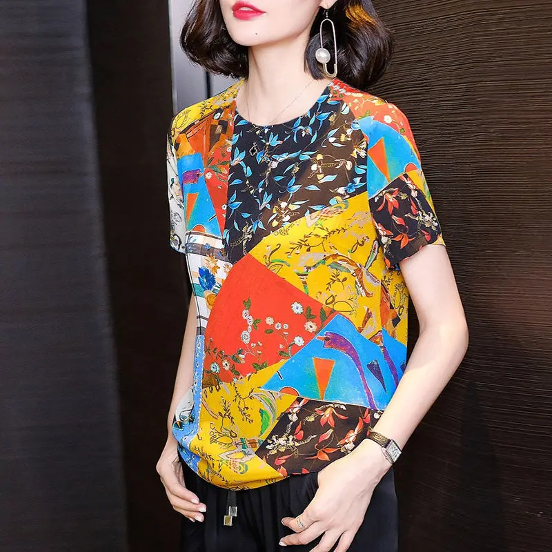 

Ice silk T-shirt women's summer 2021 new style with drooping feeling to cover belly popular print top short sleeve foreign lady