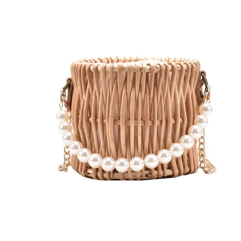 

Beading Chain Summer Small Straw Shoulder Bags for Women Rattan Weave Travel Beach Bucket Bags Women's Fashion Crossbody Handbag