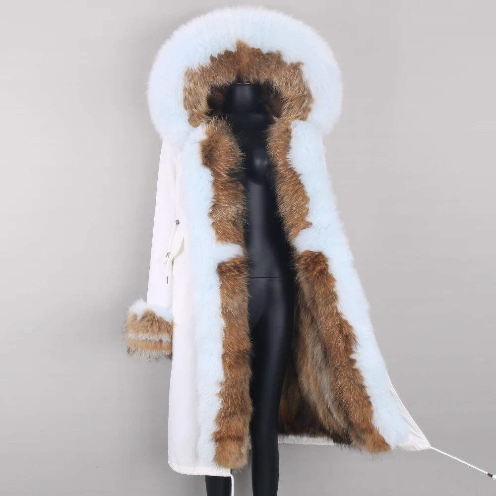 Women Real Fur Coat Winter X-long Jacket White Color Waterproof Fabric Windbreaker Big Fur Collar Removable Outerwear Brand
