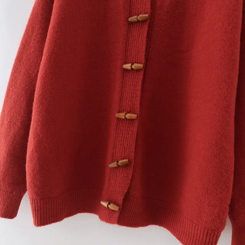 

Apring Autumn Women Red Cardigan Sweater Horn Button Front Round Neck Sloping Shoulder Design Knitwear Cozy Knitting Clothes